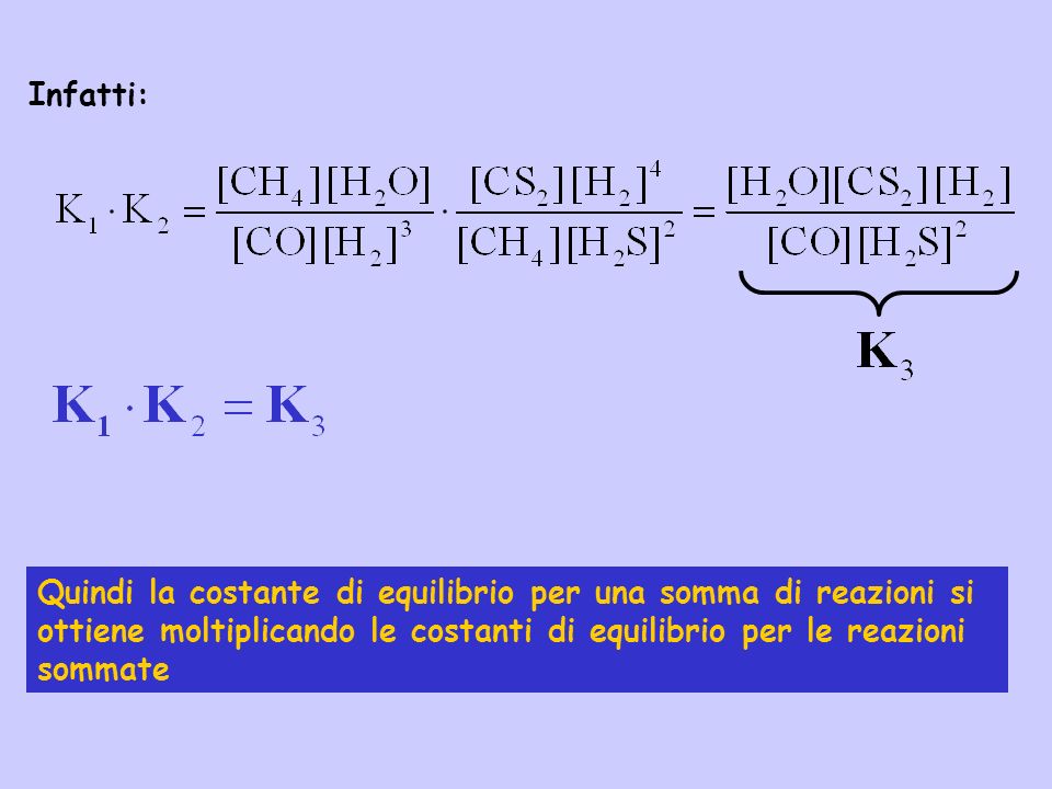 Infatti: Quindi la costante di equilibrio per una somma di reazioni si ottiene moltiplicando le costanti di equilibrio per le reazioni sommate.