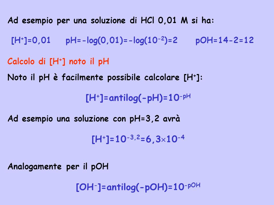 [H+]=antilog(-pH)=10-pH [OH-]=antilog(-pOH)=10-pOH