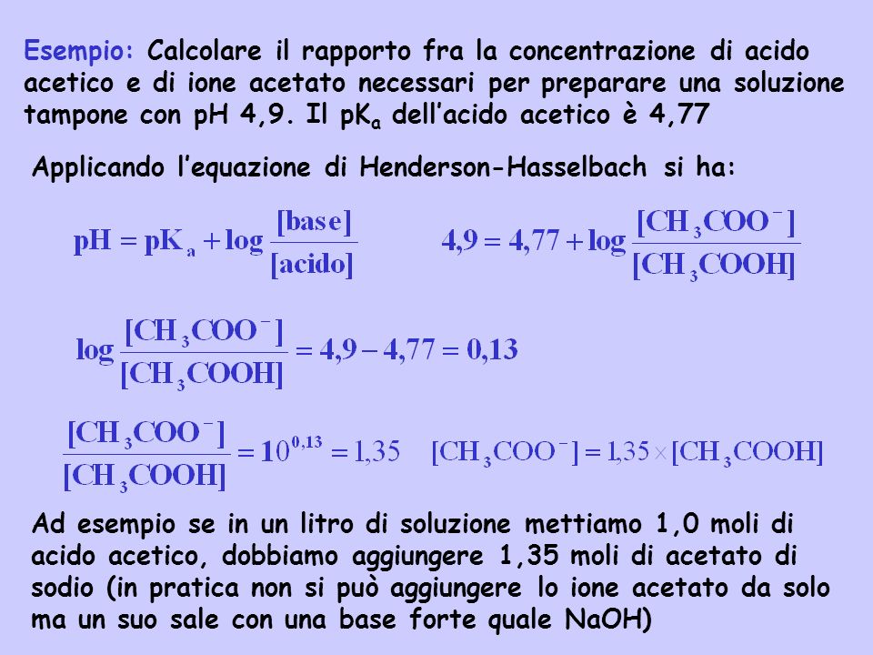 Esempio: Calcolare il rapporto fra la concentrazione di acido acetico e di ione acetato necessari per preparare una soluzione tampone con pH 4,9. Il pKa dell’acido acetico è 4,77
