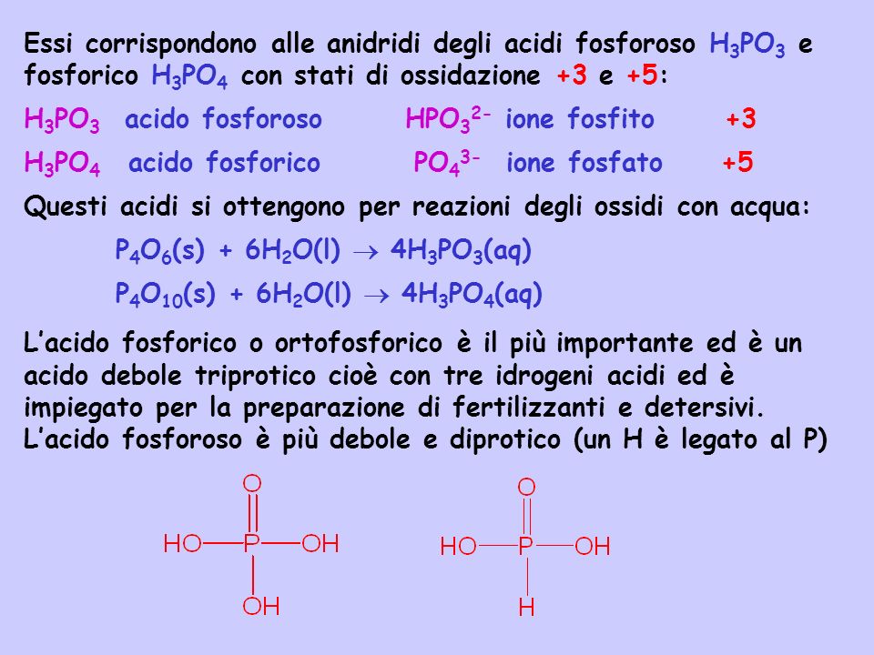 Essi corrispondono alle anidridi degli acidi fosforoso H3PO3 e fosforico H3PO4 con stati di ossidazione +3 e +5: