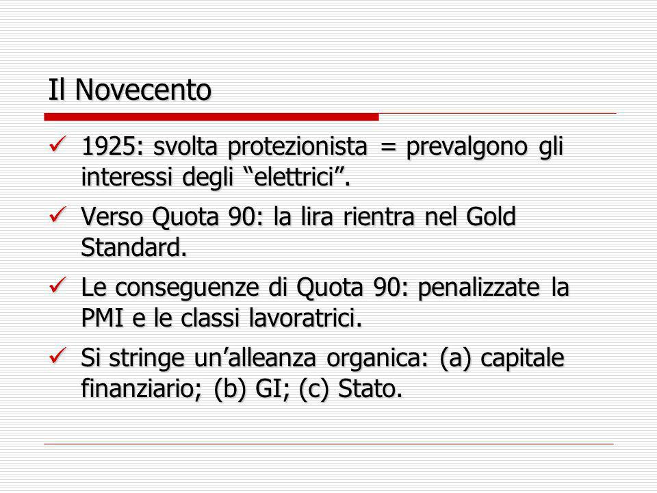 Il Novecento 1925: svolta protezionista = prevalgono gli interessi degli elettrici . Verso Quota 90: la lira rientra nel Gold Standard.