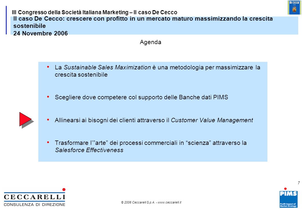 Il caso De Cecco: crescere con profitto in un mercato maturo massimizzando la crescita sostenibile 24 Novembre 2006