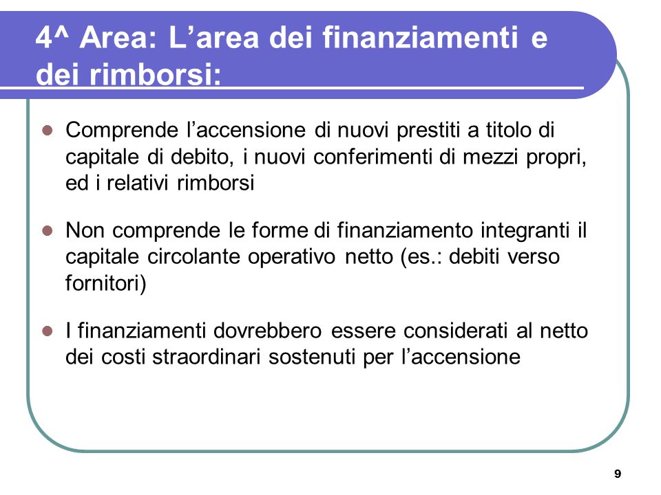 4^ Area: L’area dei finanziamenti e dei rimborsi: