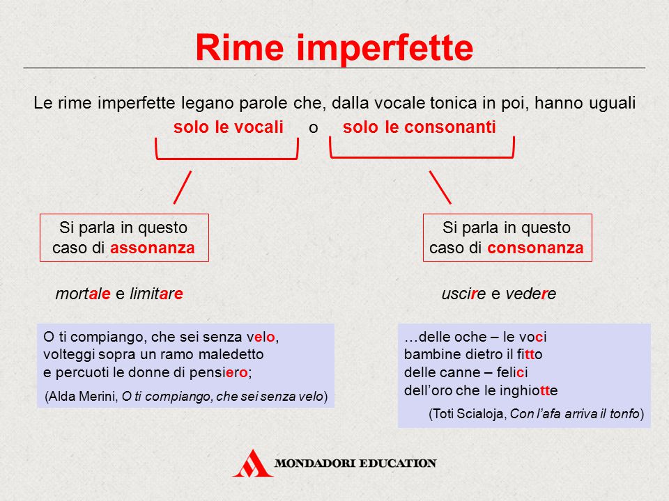 Rime imperfette Le rime imperfette legano parole che, dalla vocale tonica in poi, hanno uguali solo le vocali o solo le consonanti.