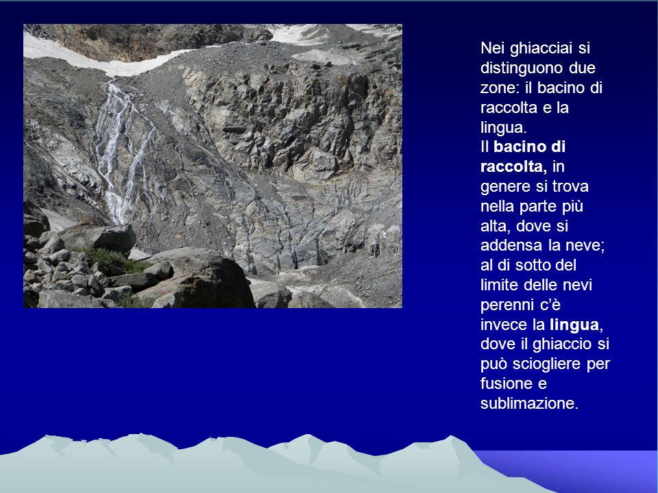 Nei ghiacciai si distinguono due zone: il bacino di raccolta e la lingua.