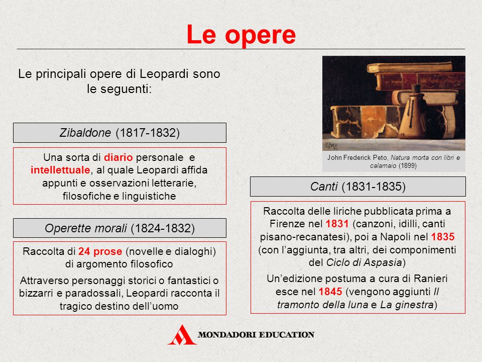 Le opere Le principali opere di Leopardi sono le seguenti: