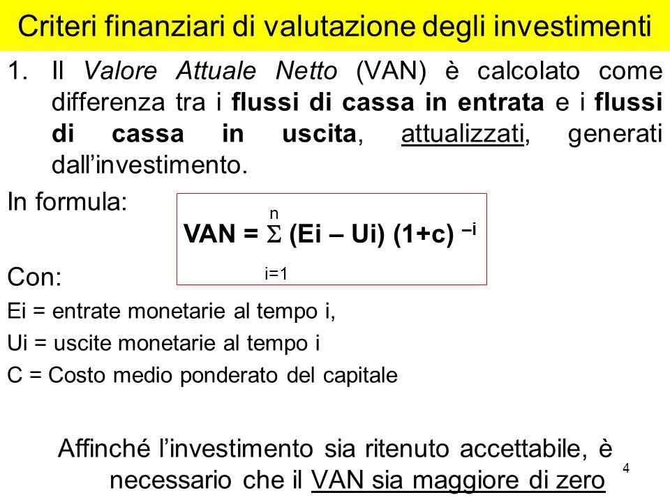 Criteri finanziari di valutazione degli investimenti