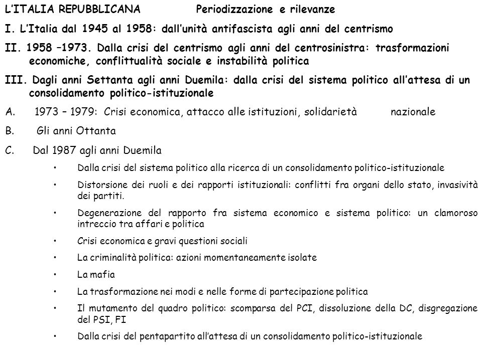 L’ITALIA REPUBBLICANA Periodizzazione e rilevanze
