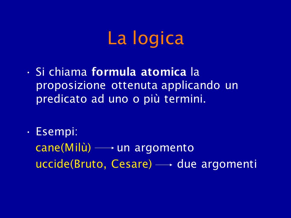 La logica Si chiama formula atomica la proposizione ottenuta applicando un predicato ad uno o più termini.
