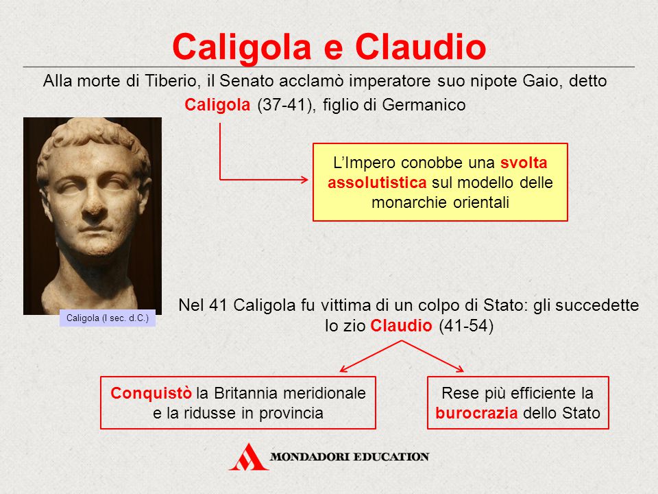 Caligola e Claudio Alla morte di Tiberio, il Senato acclamò imperatore suo nipote Gaio, detto Caligola (37-41), figlio di Germanico.