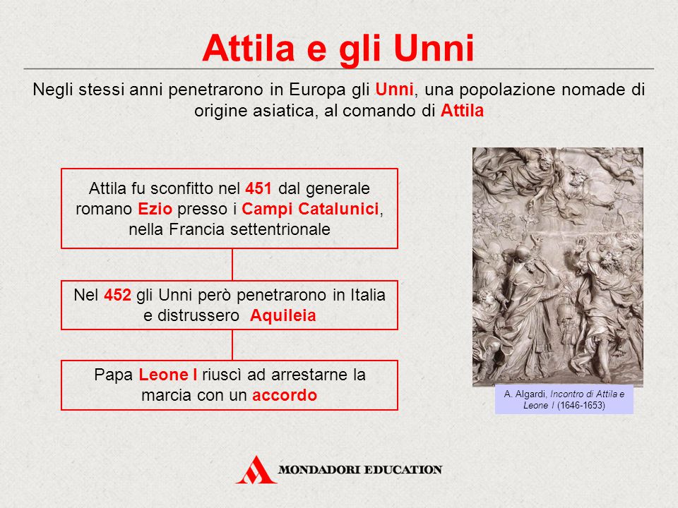 Attila e gli Unni Negli stessi anni penetrarono in Europa gli Unni, una popolazione nomade di origine asiatica, al comando di Attila.