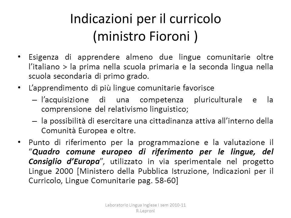 Indicazioni per il curricolo (ministro Fioroni )