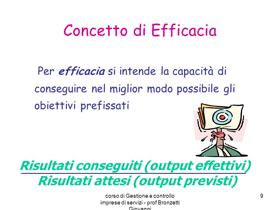 Concetto di Efficacia Per efficacia si intende la capacità di conseguire nel miglior modo possibile gli obiettivi prefissati.