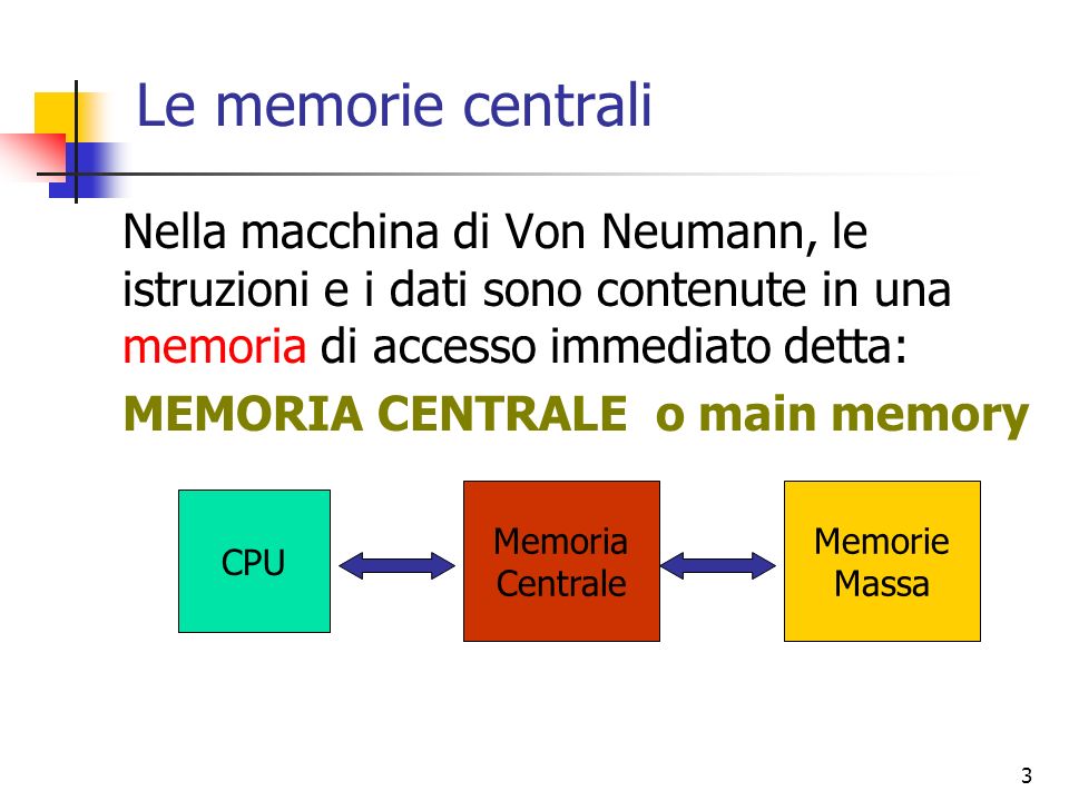 Le memorie centrali Nella macchina di Von Neumann, le istruzioni e i dati sono contenute in una memoria di accesso immediato detta: