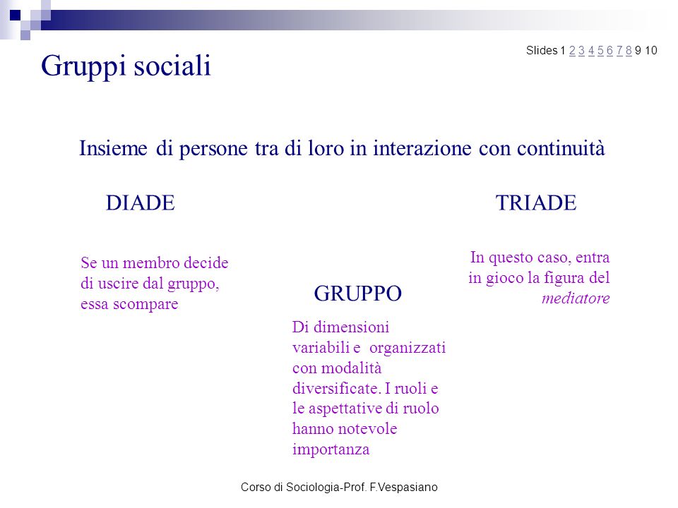 Gruppi sociali Slides Insieme di persone tra di loro in interazione con continuità.