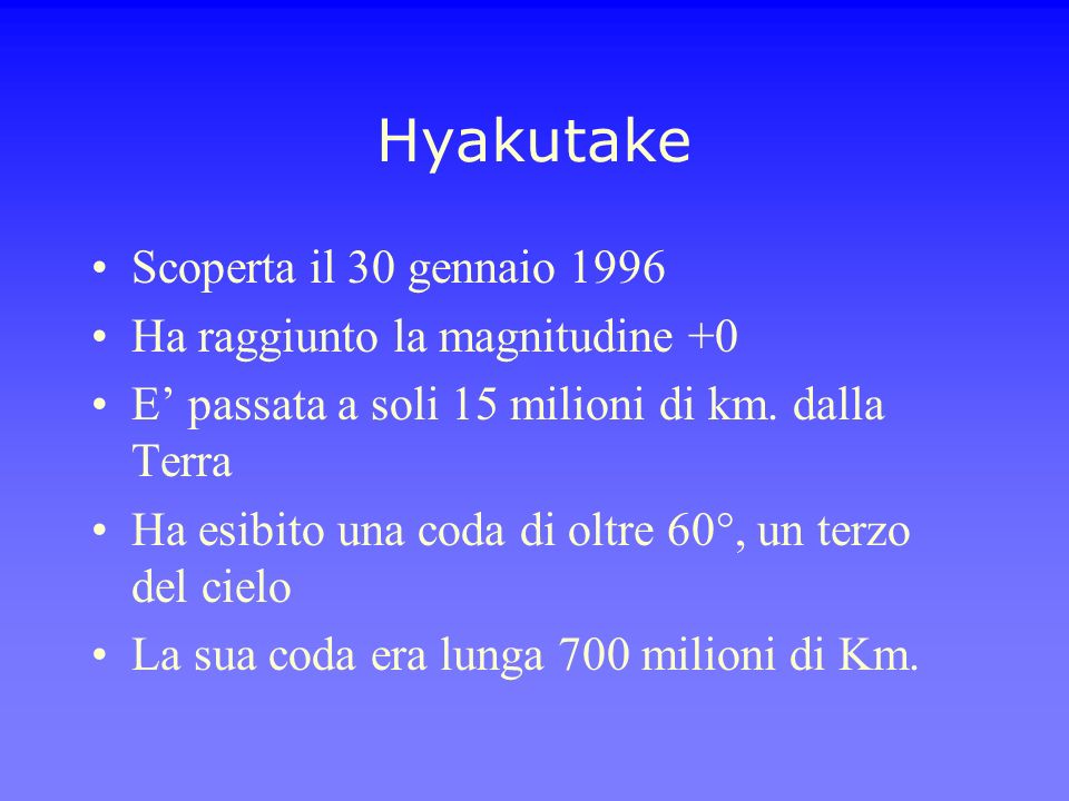 Hyakutake Scoperta il 30 gennaio 1996 Ha raggiunto la magnitudine +0