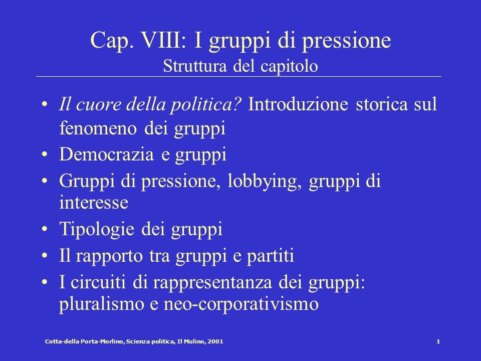 Cap. VIII: I gruppi di pressione Struttura del capitolo