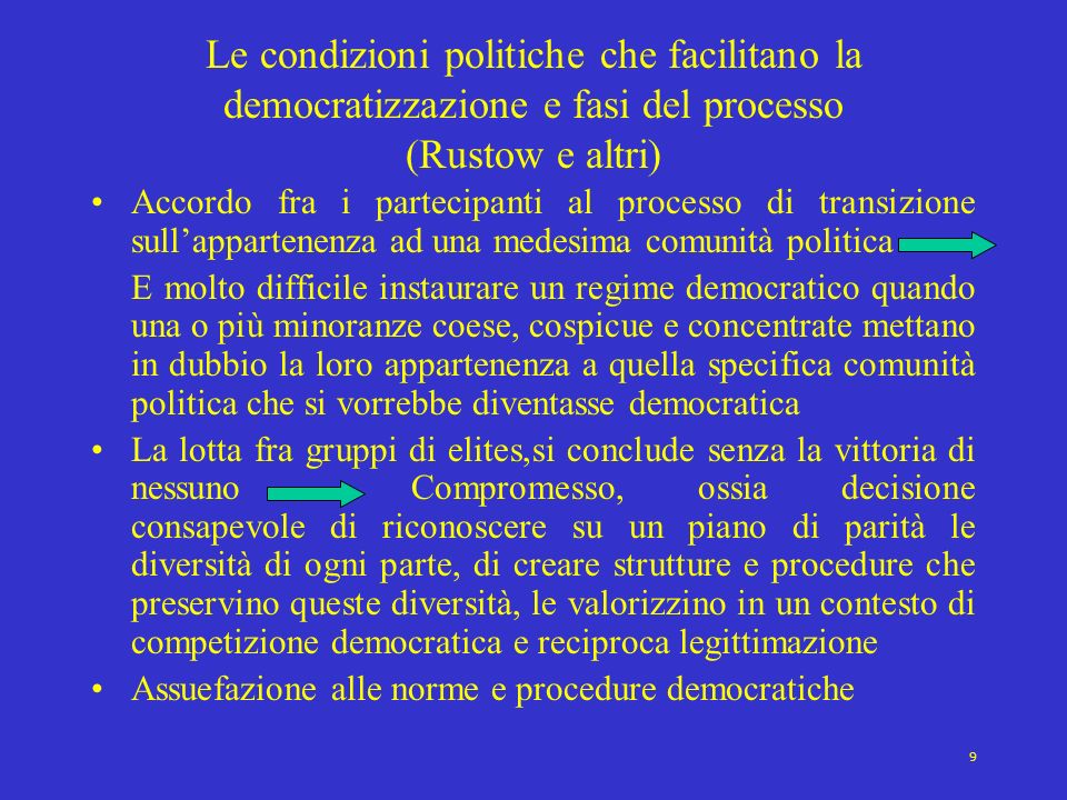 Le condizioni politiche che facilitano la democratizzazione e fasi del processo (Rustow e altri)