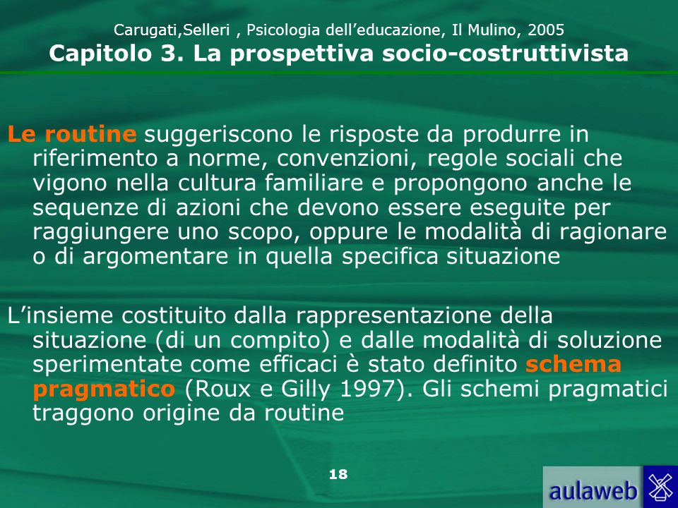 Carugati,Selleri , Psicologia dell’educazione, Il Mulino, 2005 Capitolo 3. La prospettiva socio-costruttivista