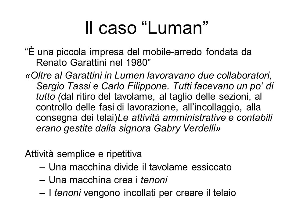 Il caso Luman È una piccola impresa del mobile-arredo fondata da Renato Garattini nel 1980
