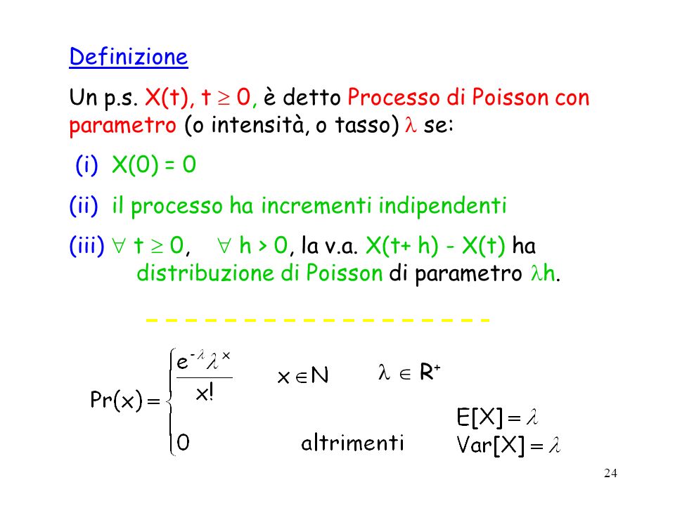 Definizione Un p.s. X(t), t  0, è detto Processo di Poisson con parametro (o intensità, o tasso)  se: