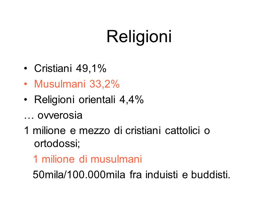Religioni Cristiani 49,1% Musulmani 33,2% Religioni orientali 4,4%