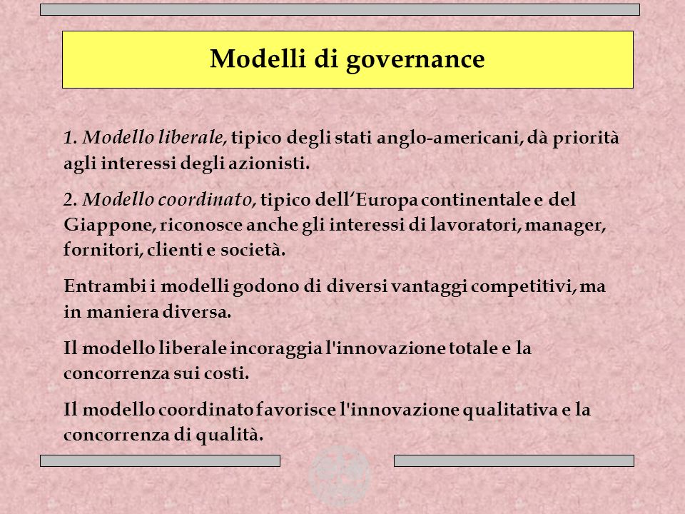 Modelli di governance Modello liberale, tipico degli stati anglo-americani, dà priorità agli interessi degli azionisti.