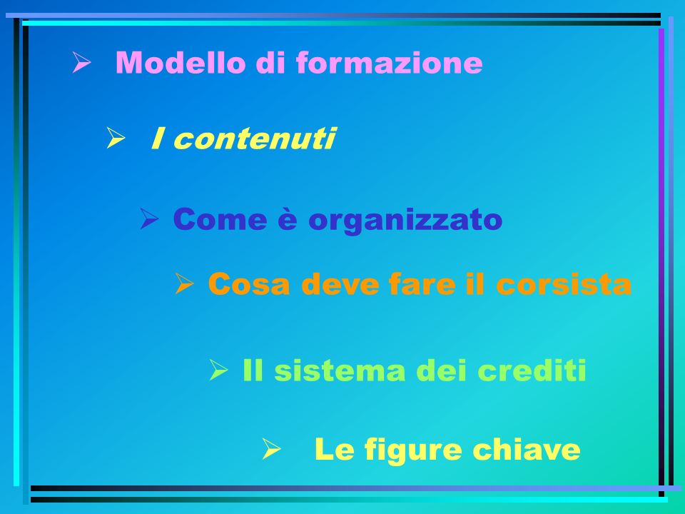 Modello di formazione I contenuti. Come è organizzato. Cosa deve fare il corsista. Il sistema dei crediti.