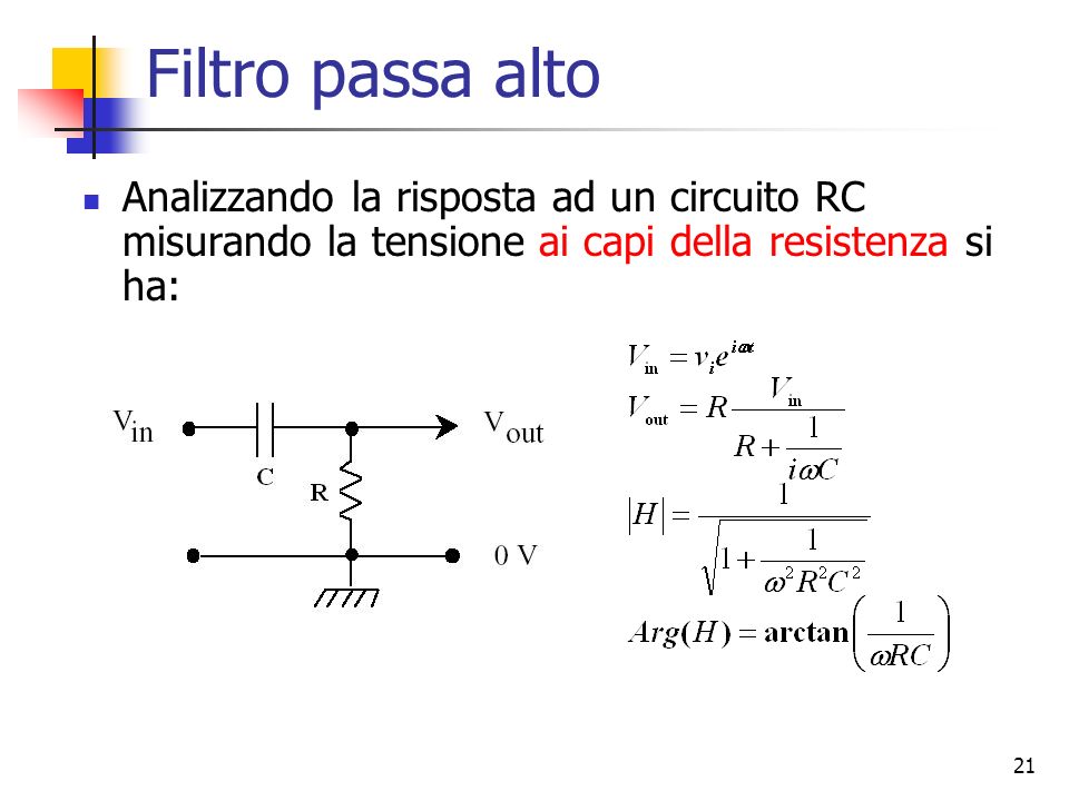 Filtro passa alto Analizzando la risposta ad un circuito RC misurando la tensione ai capi della resistenza si ha: