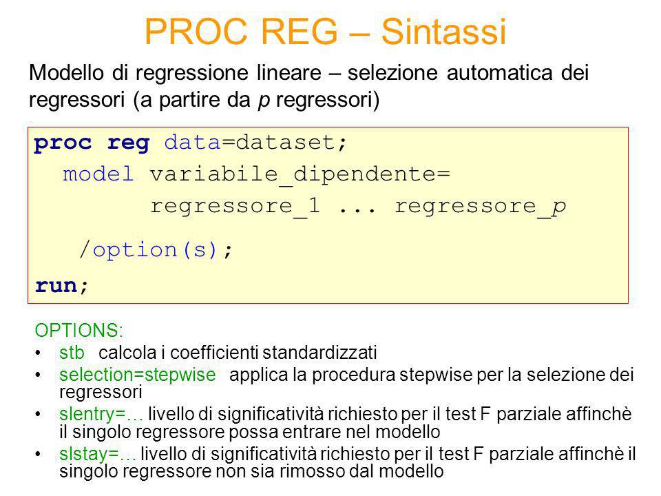 PROC REG – Sintassi proc reg data=dataset; model variabile_dipendente=