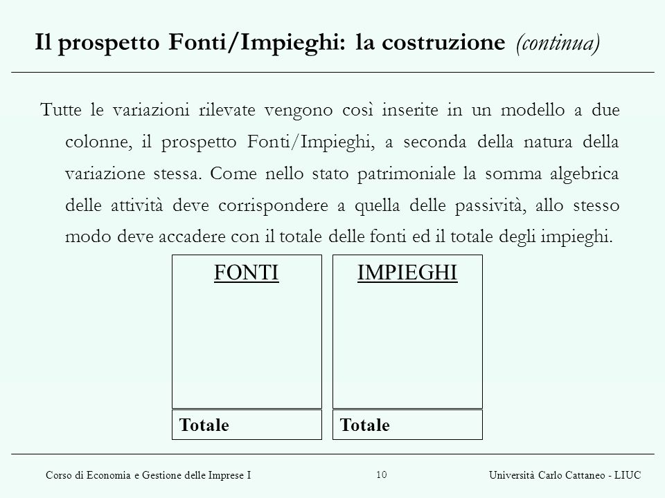 Il prospetto Fonti/Impieghi: la costruzione (continua)