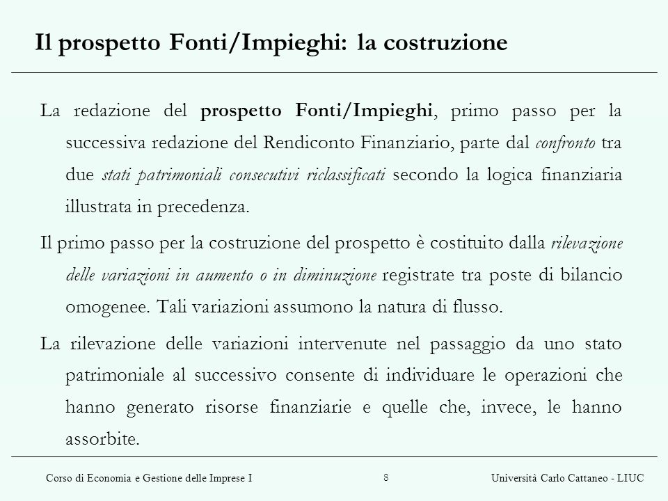 Il prospetto Fonti/Impieghi: la costruzione