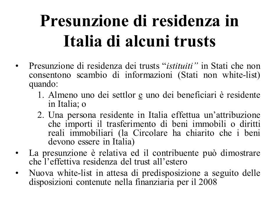 Presunzione di residenza in Italia di alcuni trusts