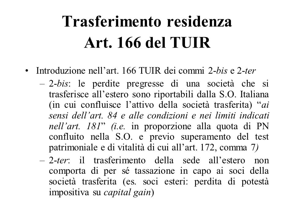 Trasferimento residenza Art. 166 del TUIR