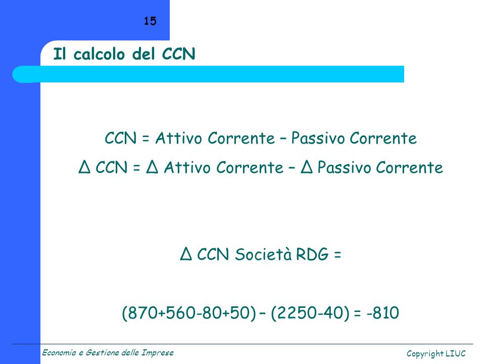 CCN = Attivo Corrente – Passivo Corrente