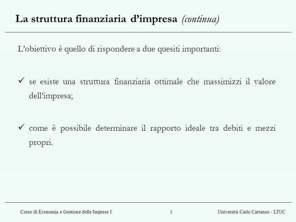 La struttura finanziaria d’impresa (continua)