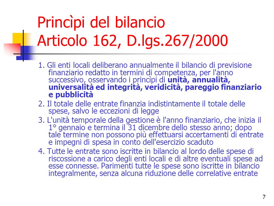 Princìpi del bilancio Articolo 162, D.lgs.267/2000