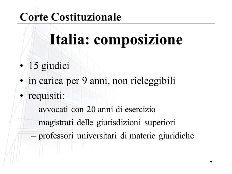 Italia: composizione Corte Costituzionale 15 giudici