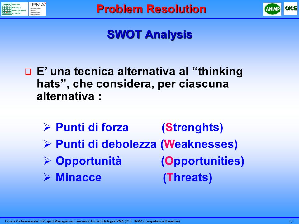 Problem Resolution SWOT Analysis. E’ una tecnica alternativa al thinking hats , che considera, per ciascuna alternativa :