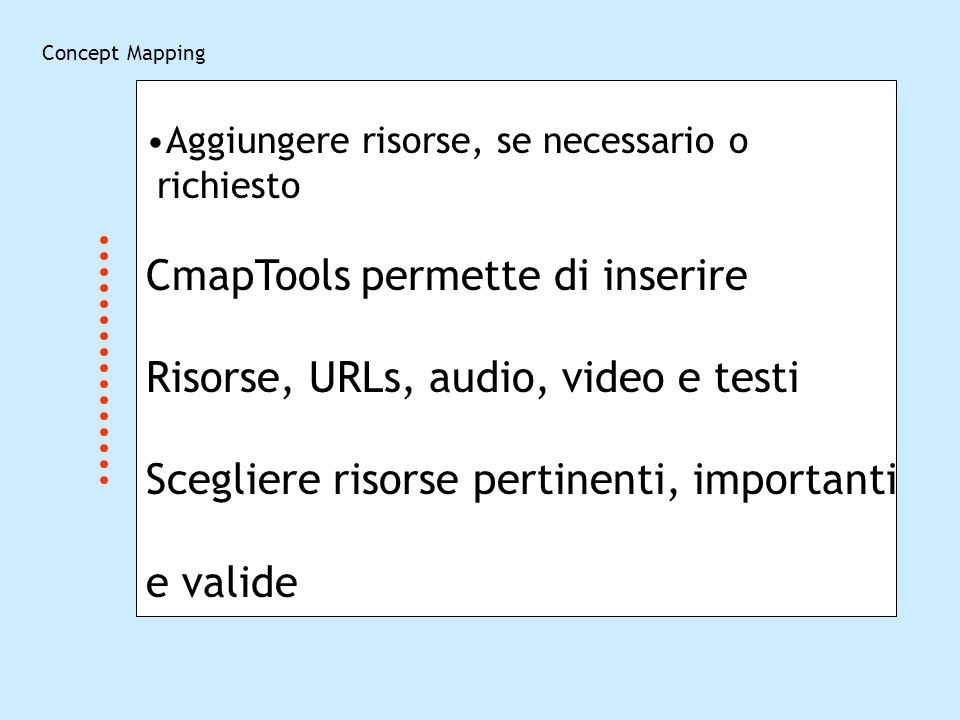 CmapTools permette di inserire Risorse, URLs, audio, video e testi