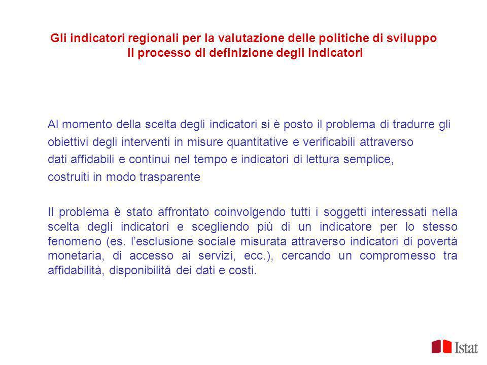 Gli indicatori regionali per la valutazione delle politiche di sviluppo Il processo di definizione degli indicatori