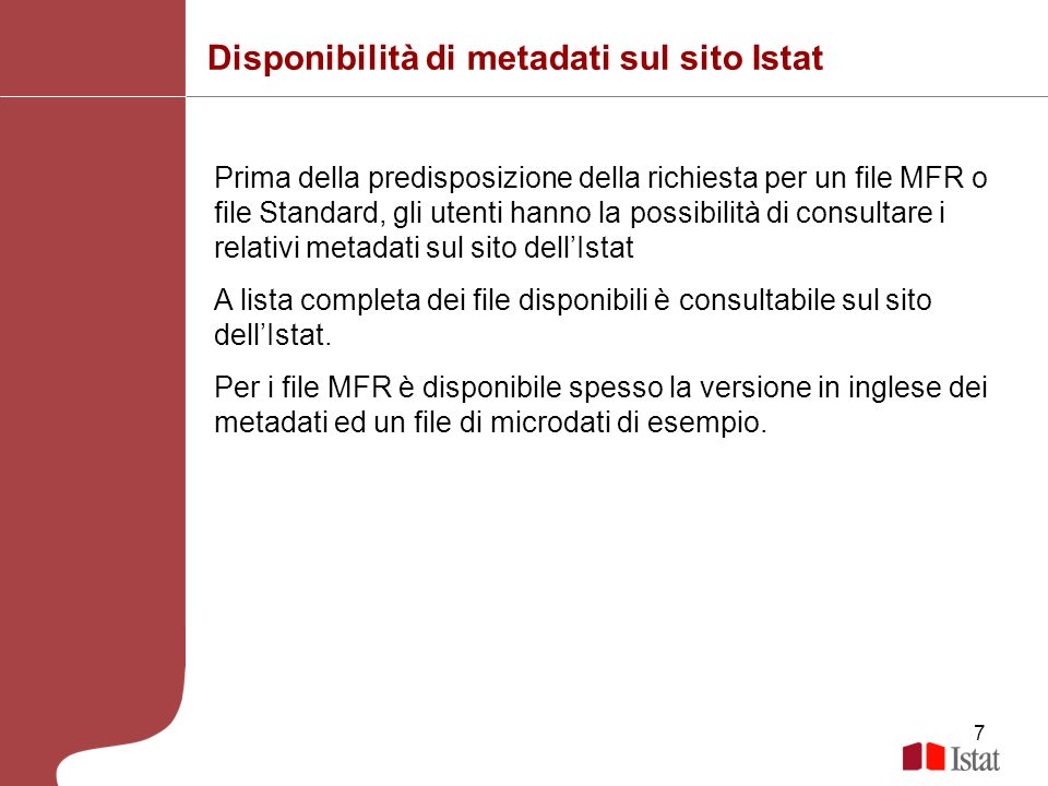 Disponibilità di metadati sul sito Istat