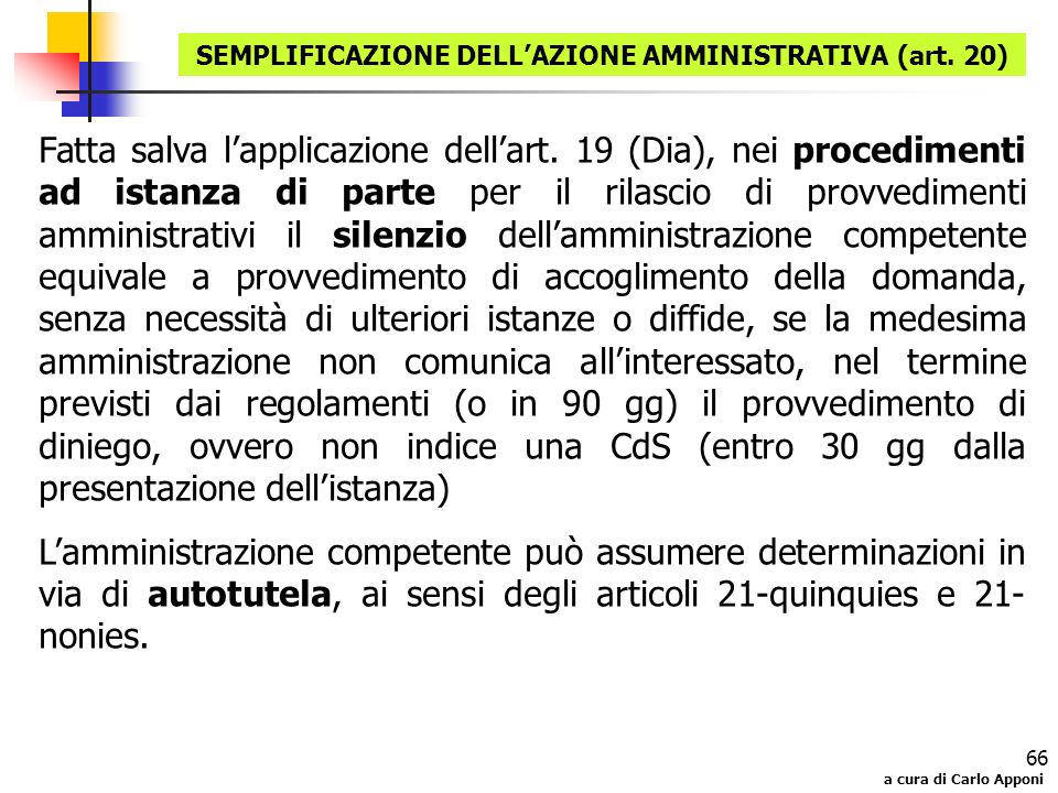 SEMPLIFICAZIONE DELL’AZIONE AMMINISTRATIVA (art. 20)