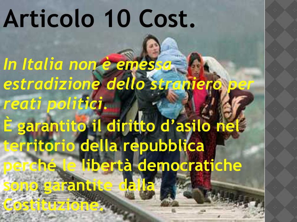 Articolo 10 Cost. In Italia non è emessa estradizione dello straniero per reati politici.