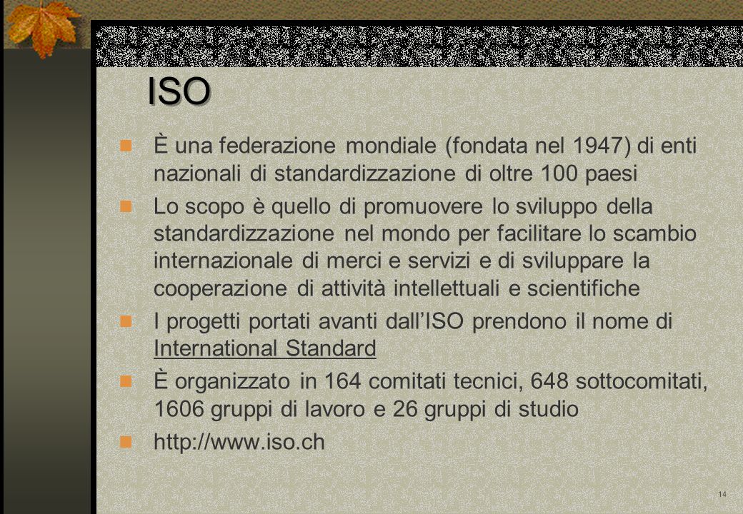 ISO È una federazione mondiale (fondata nel 1947) di enti nazionali di standardizzazione di oltre 100 paesi.