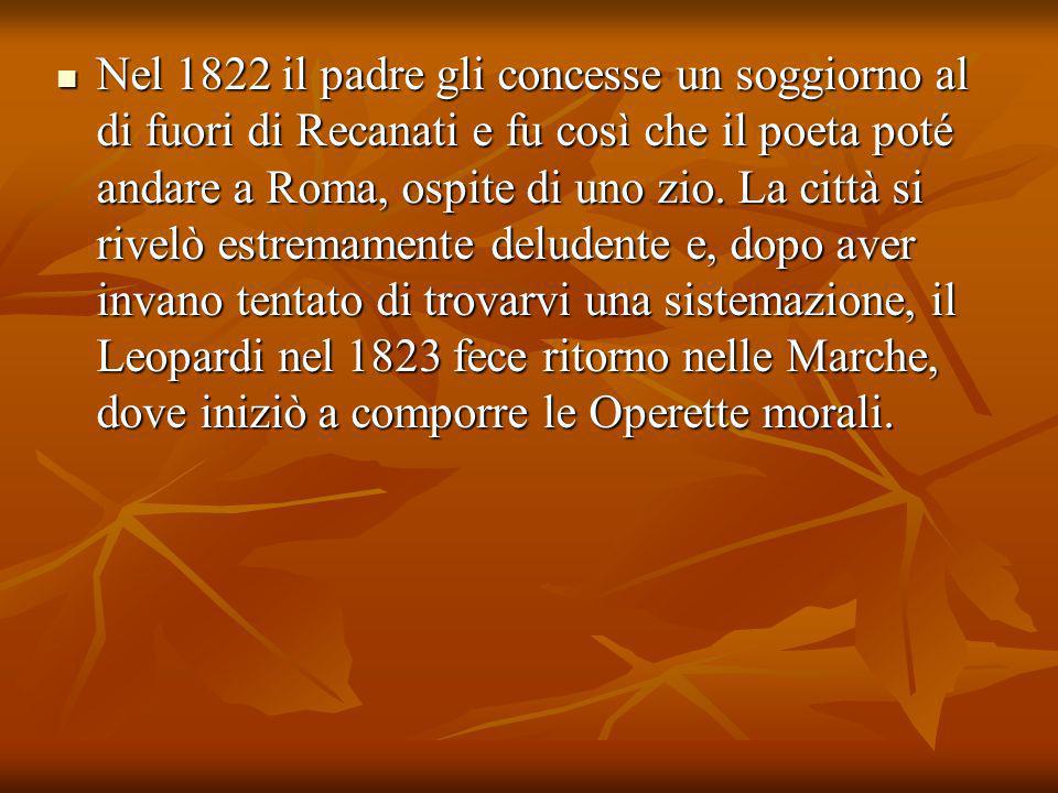 Nel 1822 il padre gli concesse un soggiorno al di fuori di Recanati e fu così che il poeta poté andare a Roma, ospite di uno zio.