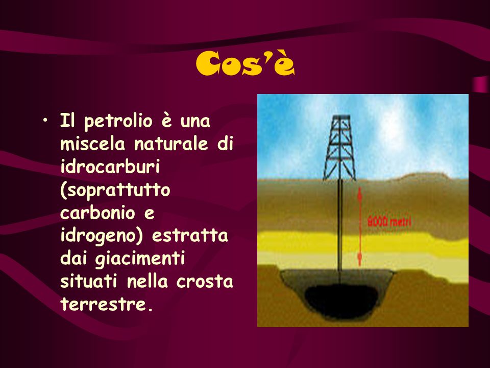 Cos’è Il petrolio è una miscela naturale di idrocarburi (soprattutto carbonio e idrogeno) estratta dai giacimenti situati nella crosta terrestre.
