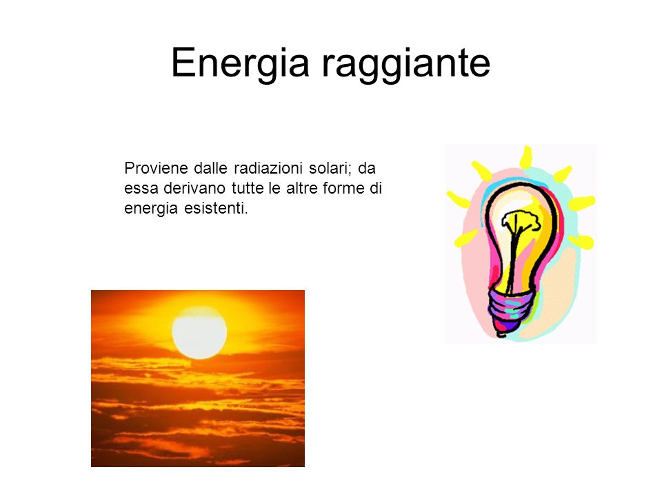 Energia raggiante Proviene dalle radiazioni solari; da essa derivano tutte le altre forme di energia esistenti.