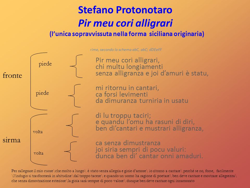 Stefano Protonotaro Pir meu cori alligrari (l’unica sopravvissuta nella forma siciliana originaria) rime, secondo lo schema abC, abC; dDEeFF