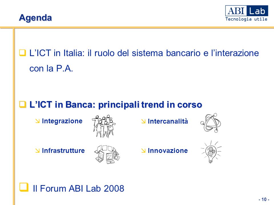 Agenda L’ICT in Italia: il ruolo del sistema bancario e l’interazione con la P.A. L’ICT in Banca: principali trend in corso.